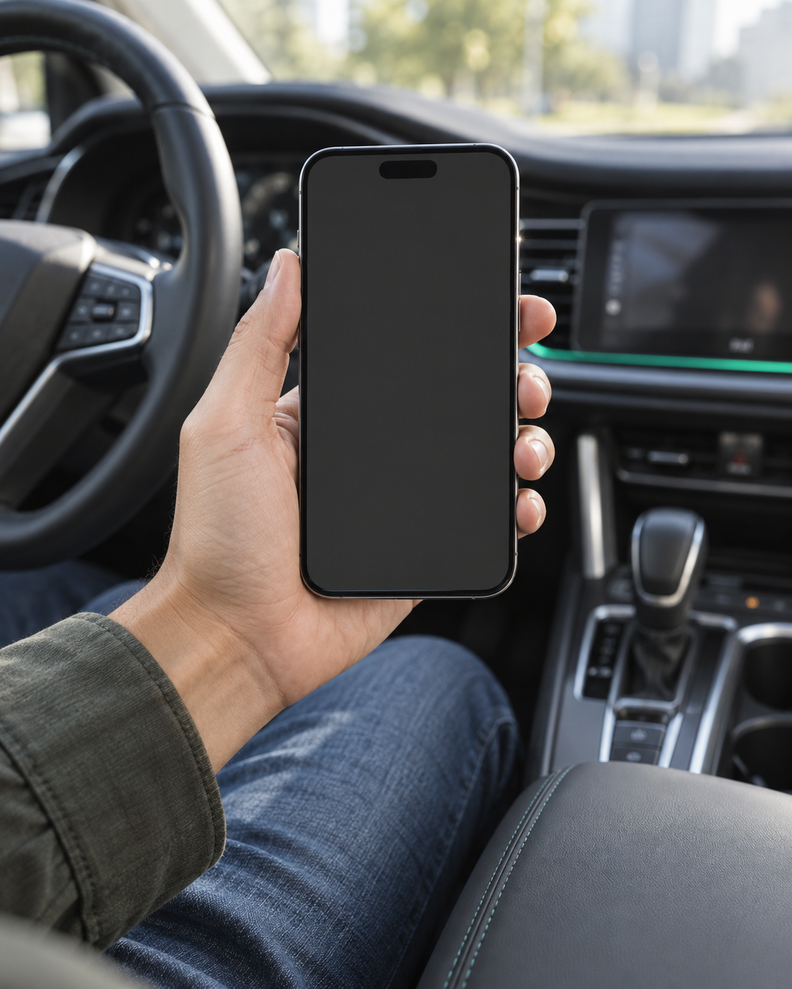 A hand holding a phone inside a parked car