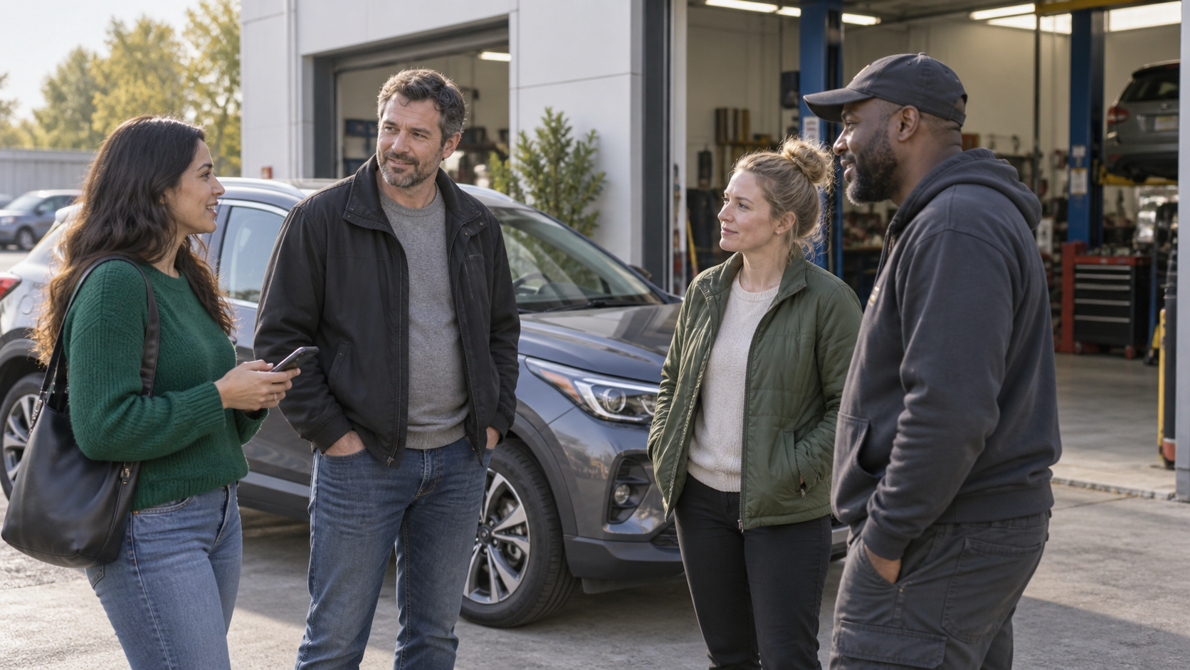 Illustrative scene of car owners talking beside a car