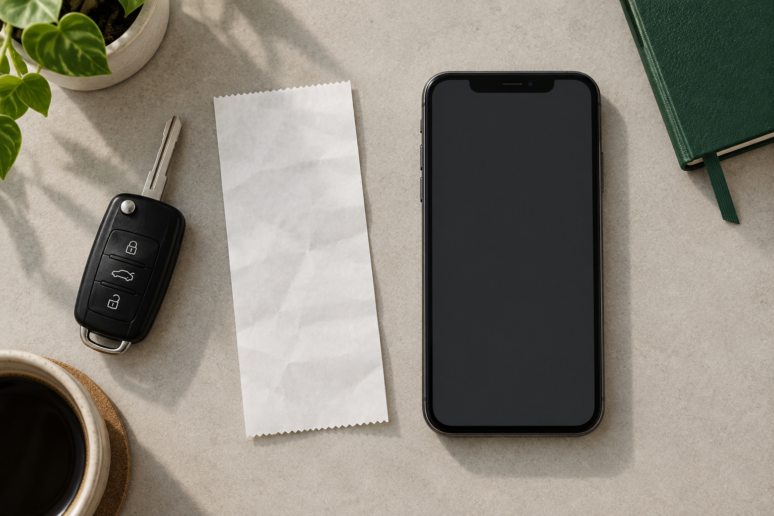 A phone, car key and receipt on a desk