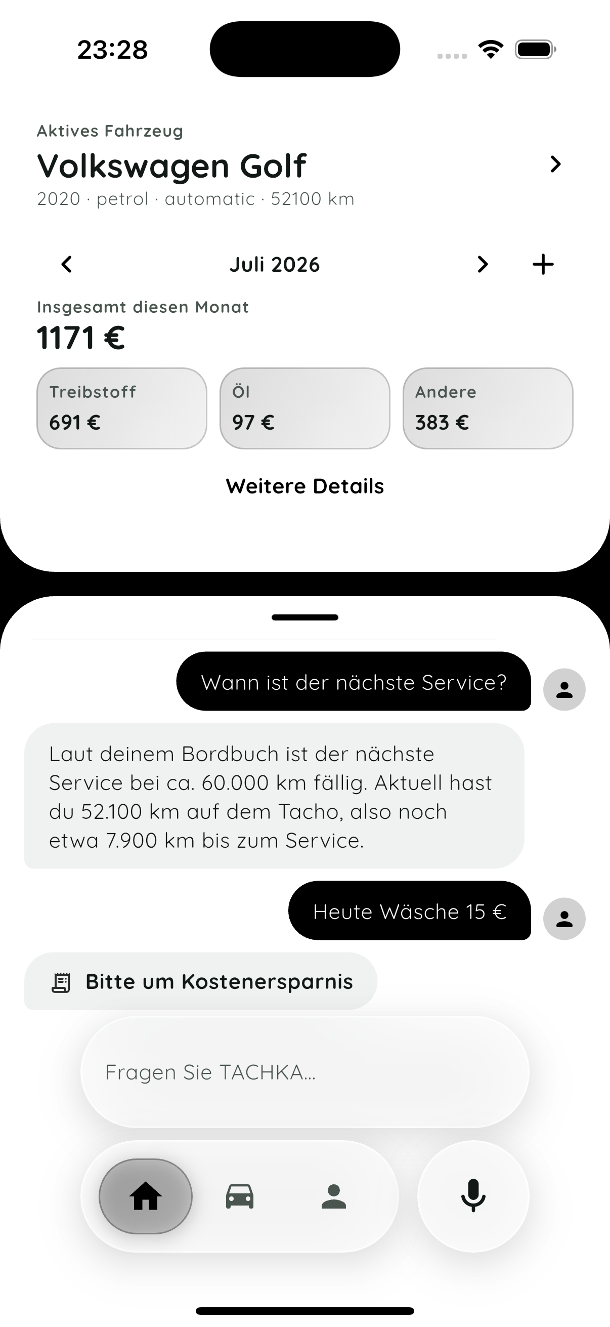 TACHKA-Chat und Ausgabenübersicht auf Deutsch