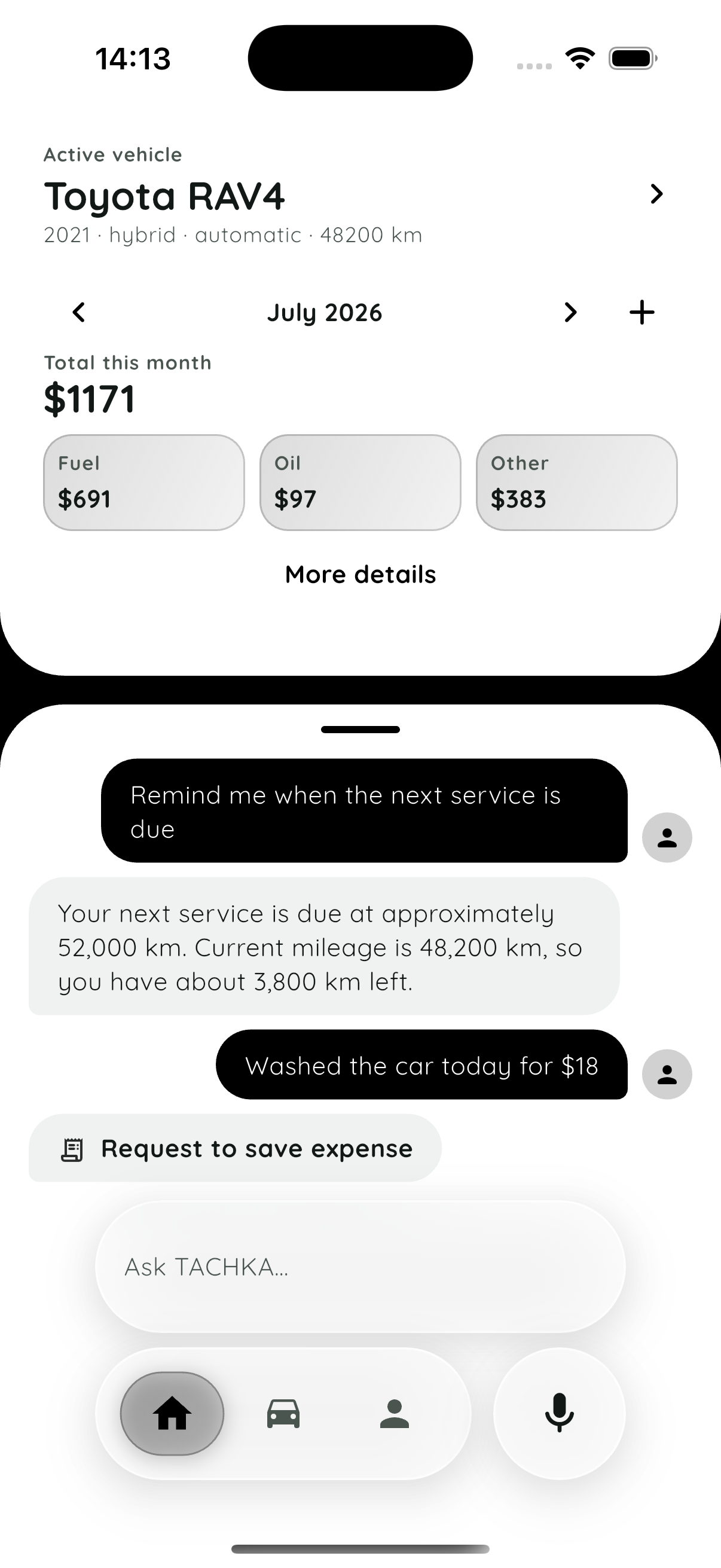 TACHKA chat and expense overview in English