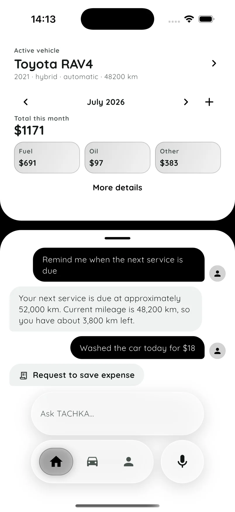 TACHKA chat and expense overview in English