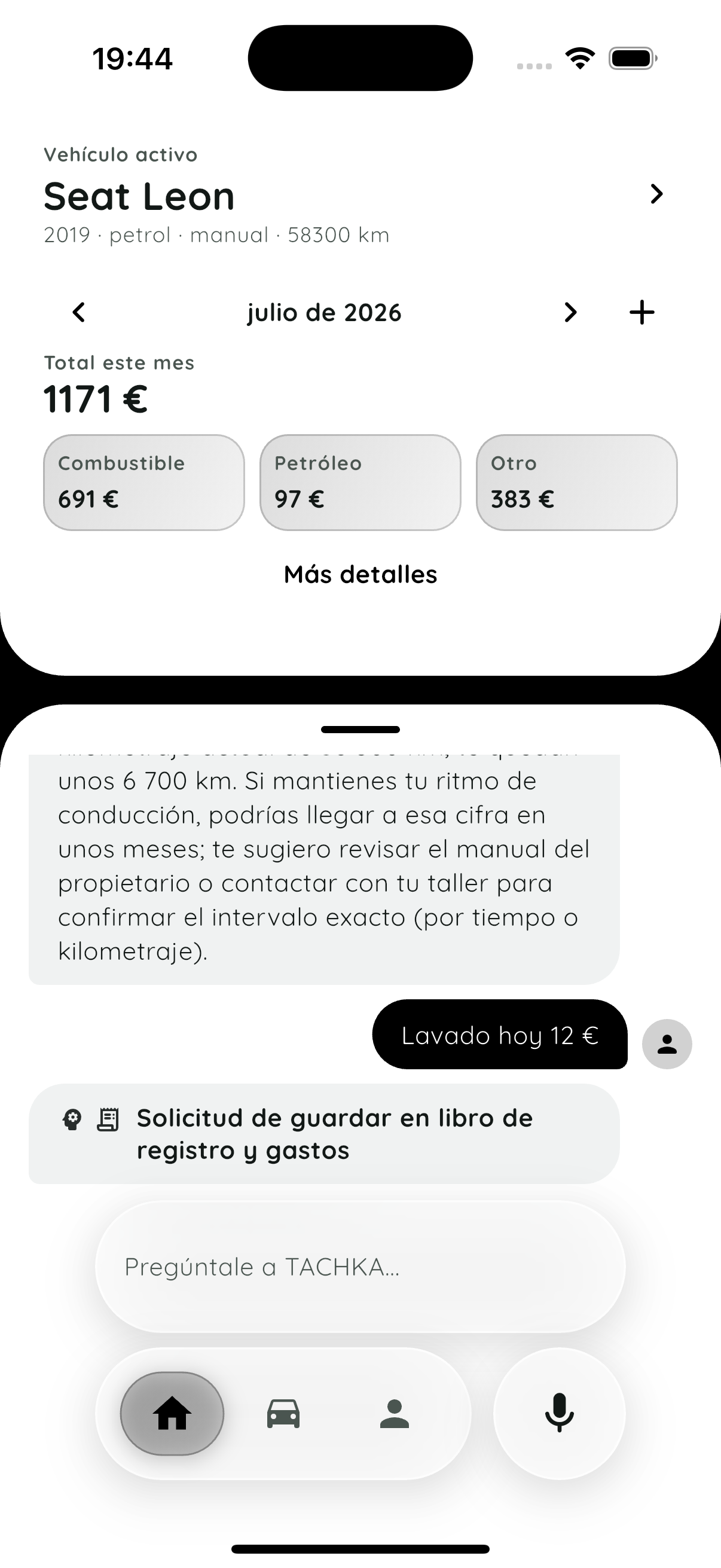 Chat y resumen de gastos de TACHKA en español