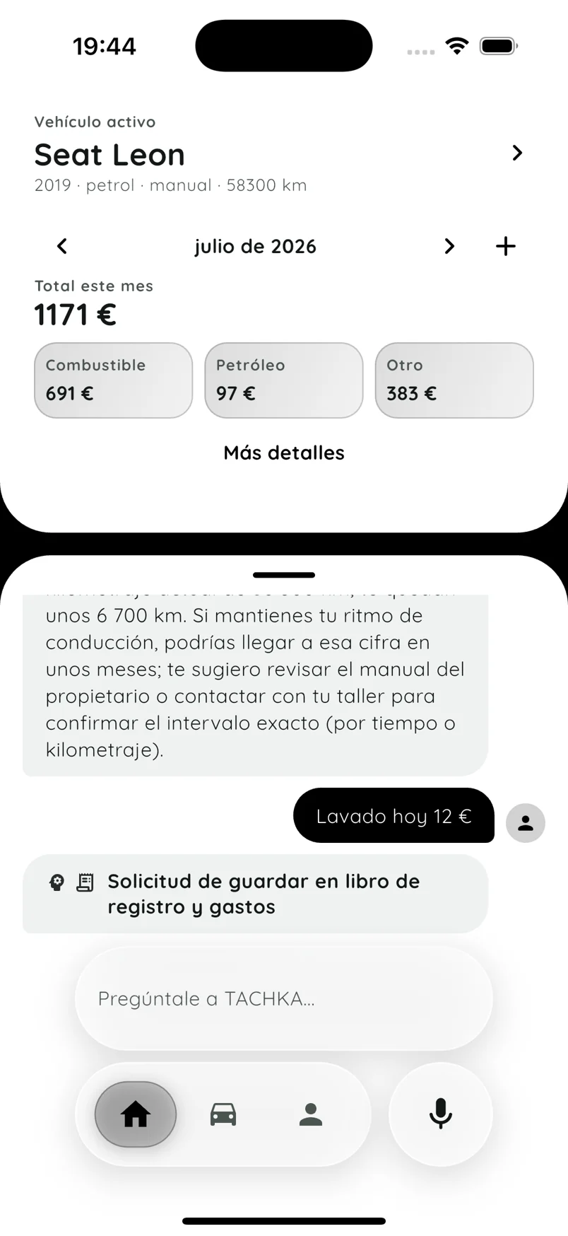 Chat y resumen de gastos de TACHKA en español