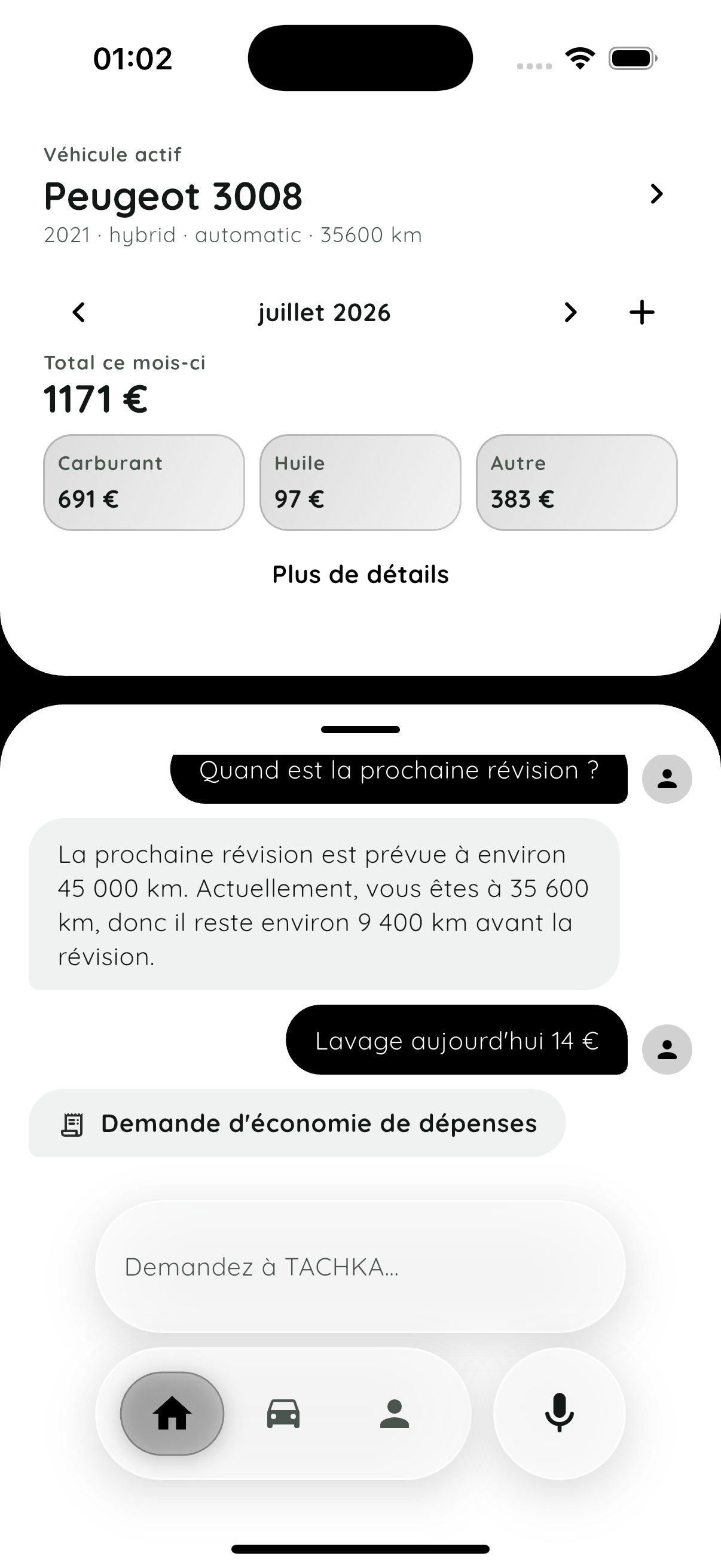 Chat et aperçu des dépenses TACHKA en français