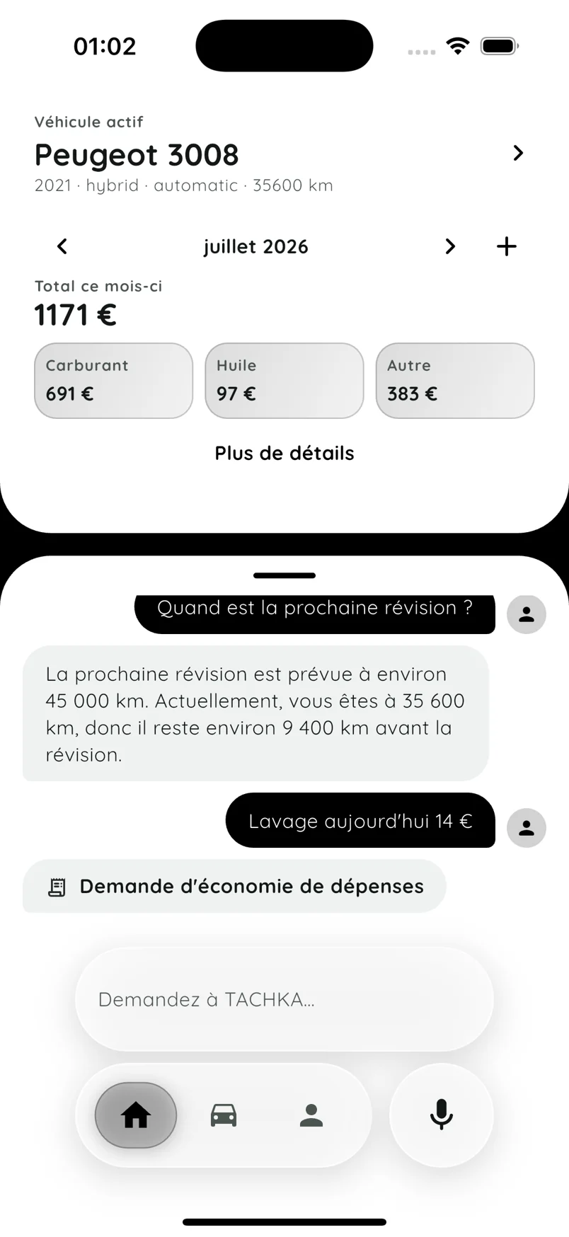 Chat et aperçu des dépenses TACHKA en français