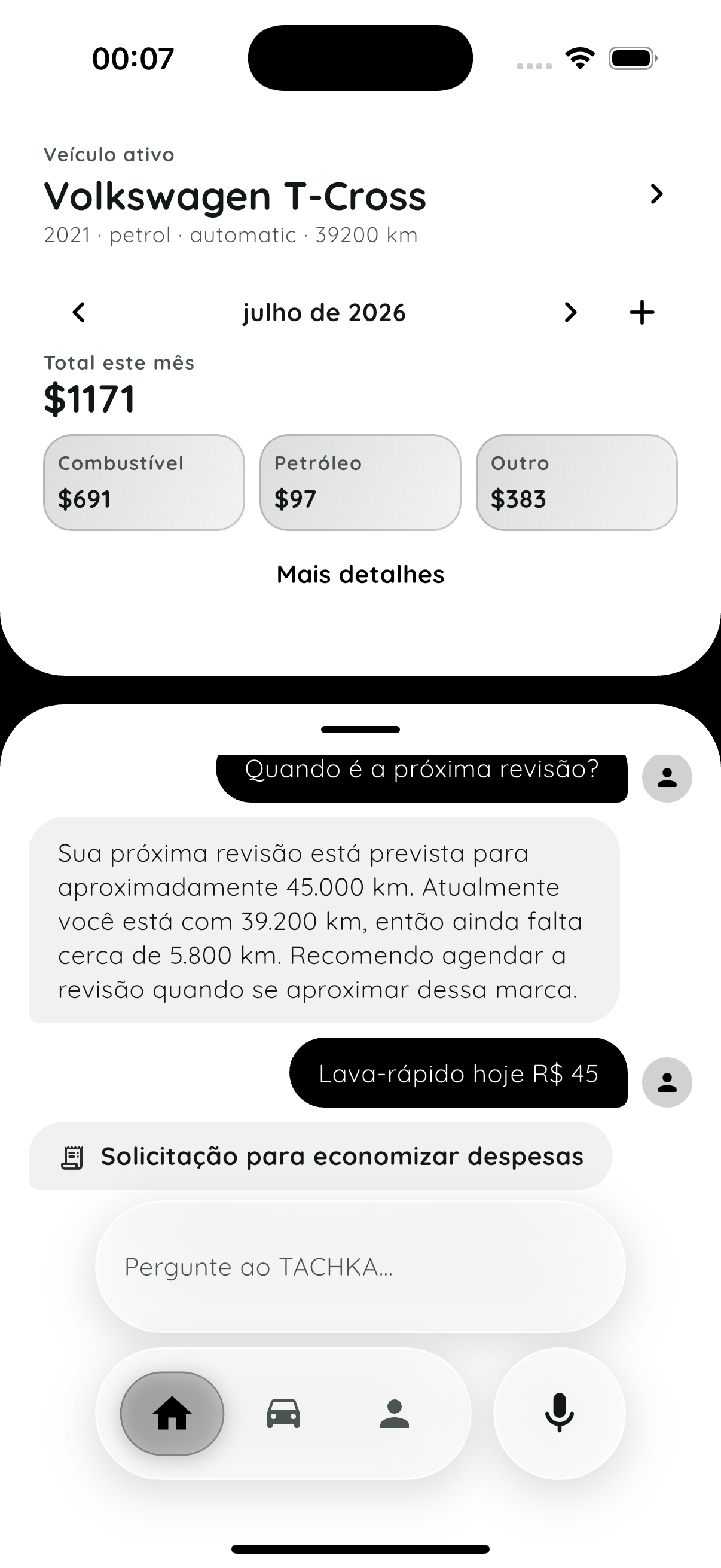 Chat e resumo de despesas da TACHKA em português