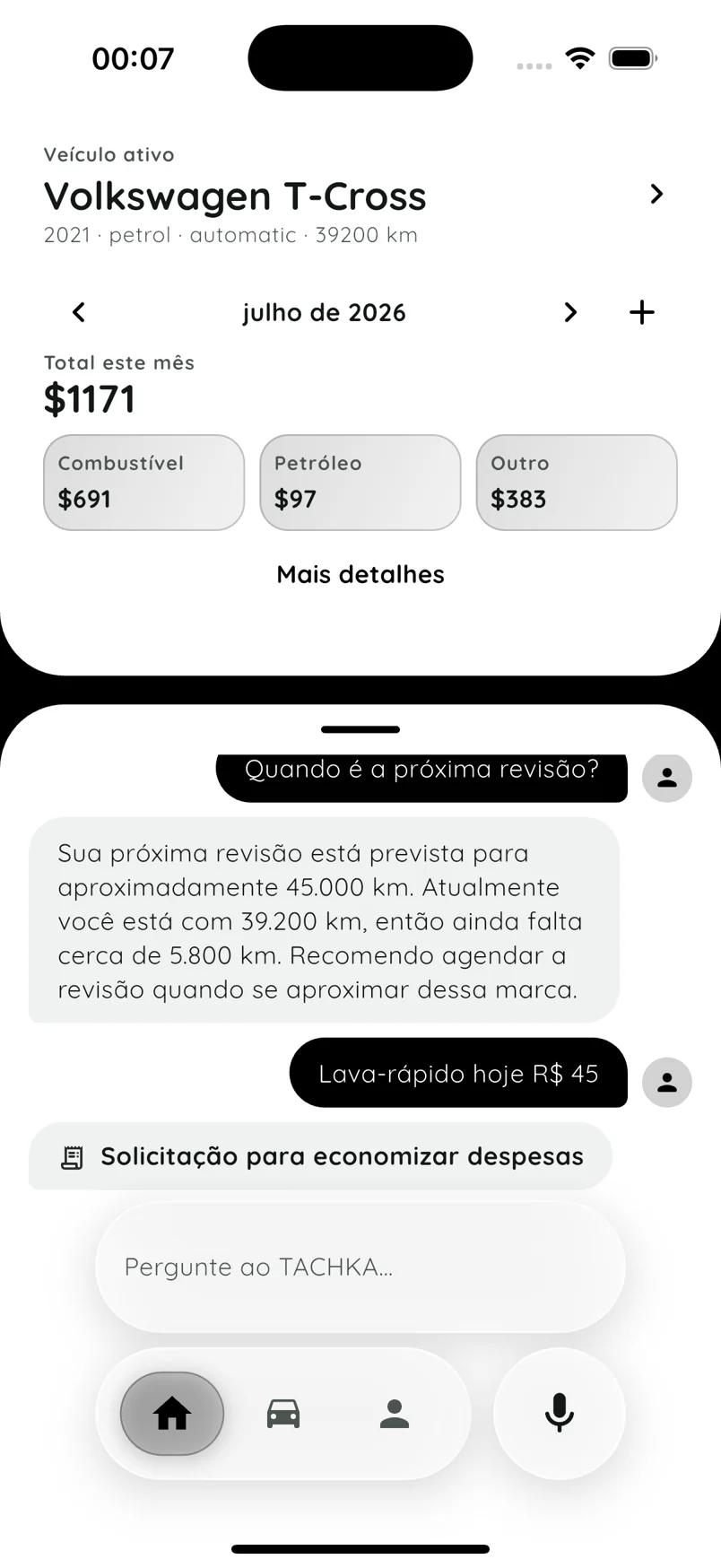 Chat e resumo de despesas da TACHKA em português