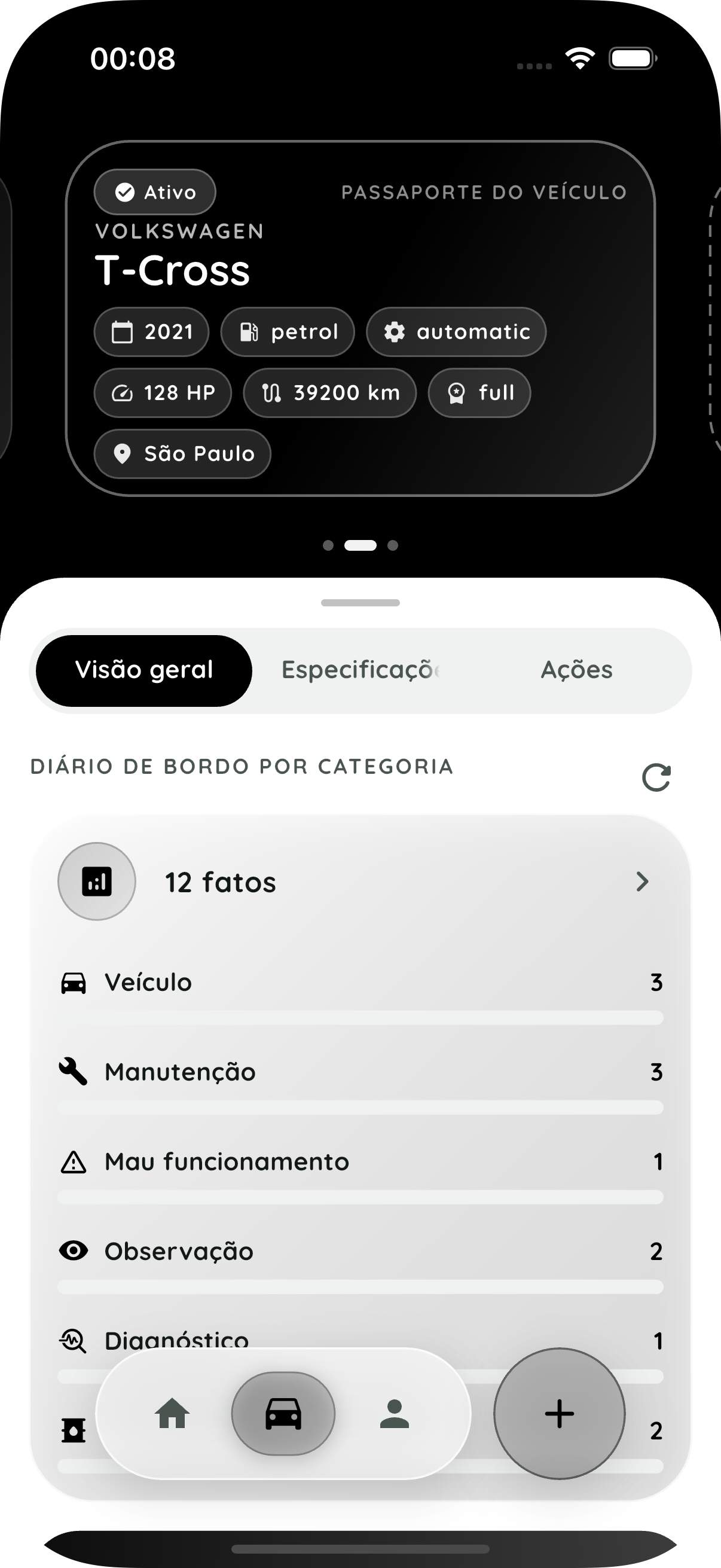 Garagem e categorias do diário em português